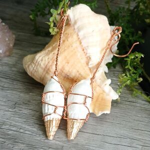Seashell Dangle Earrings, Gold & White Shell Jewelry, OOAK Statement Boho 3"
